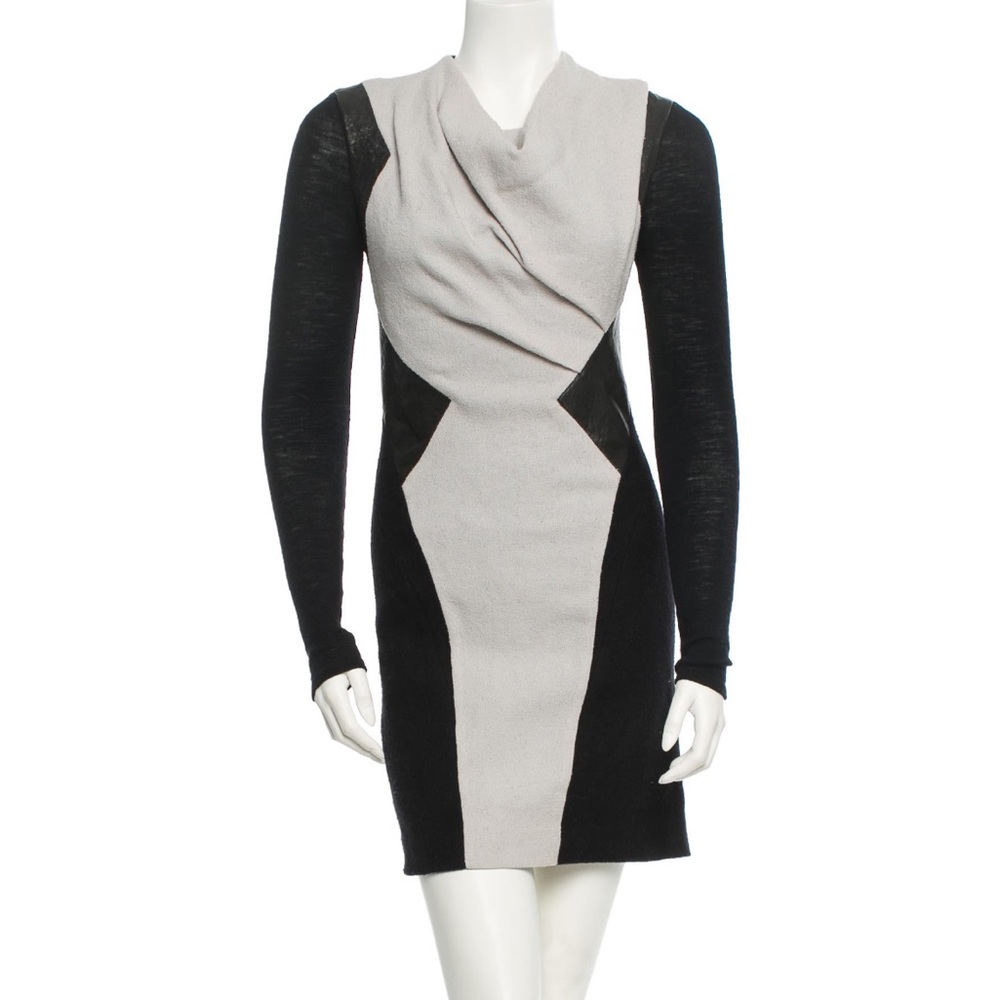 HELMUT LANG Wool Lambskin Leather Long Sleeve Dress Grey Black 0